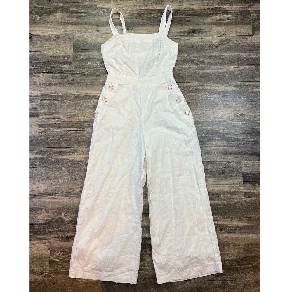June & Hudson White Linen Blend Wide‎ Leg Jumpsuit Button Detail Size Small